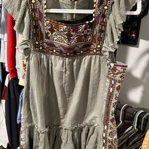 Free People Olive and Brown Embroidered Midi Dress